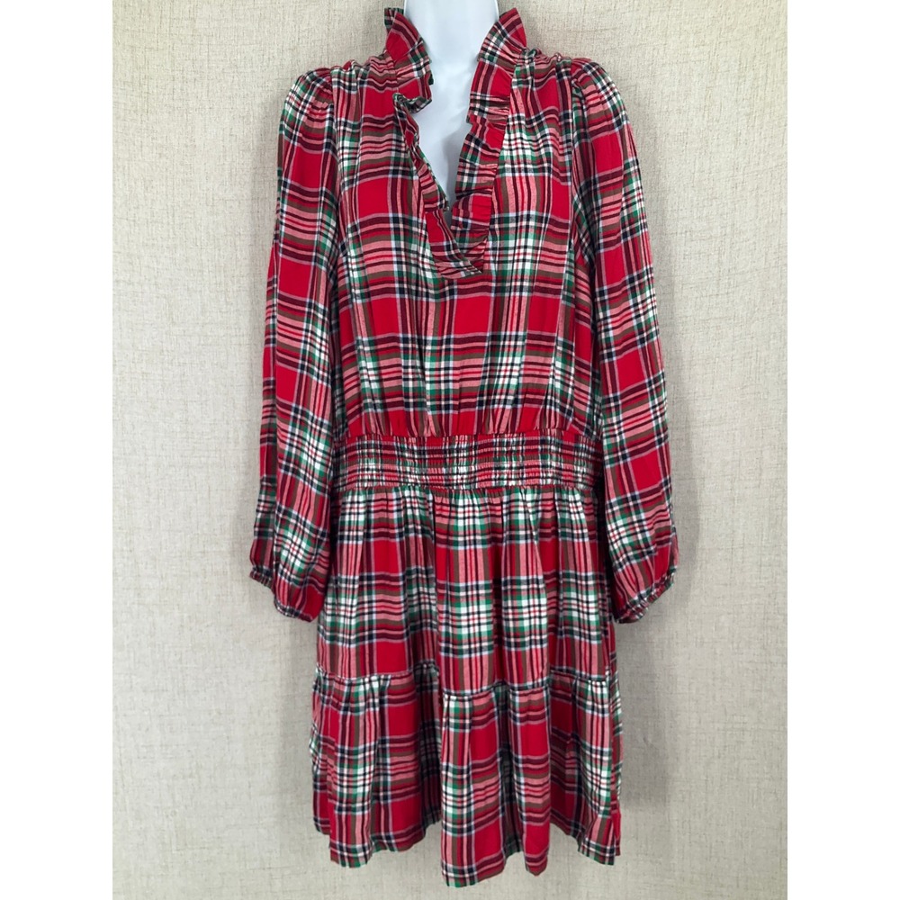Crown & Ivy Plaid Dress Womens Large Red Ruffle Smocked Tiered‎ Holiday
